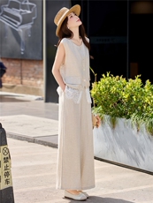 轻熟风气质套装女2026夏季蕾丝拼接麻料薄款马甲上衣阔腿裤两件套，女装套装/套裙，奕薇雅