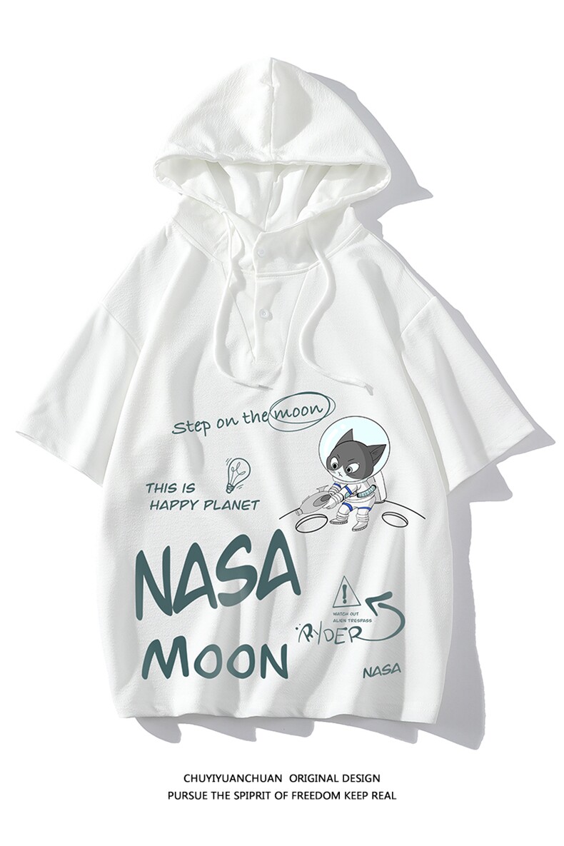 NASA连帽短袖t恤男大码胖子带帽五分袖中袖白底LD54187-P45,男装T恤,电商A040A