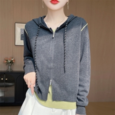 拼色双拉链精纺羊毛开衫女假两件连帽针织衫外套毛衣宽松帽衫上衣，女装针织衫/毛衣，九嘉羊绒