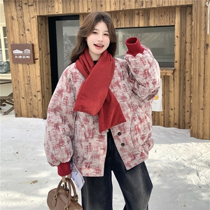 红色小众设计感围巾款羽绒服女冬季2026新款韩版加厚新年喜庆外套图片