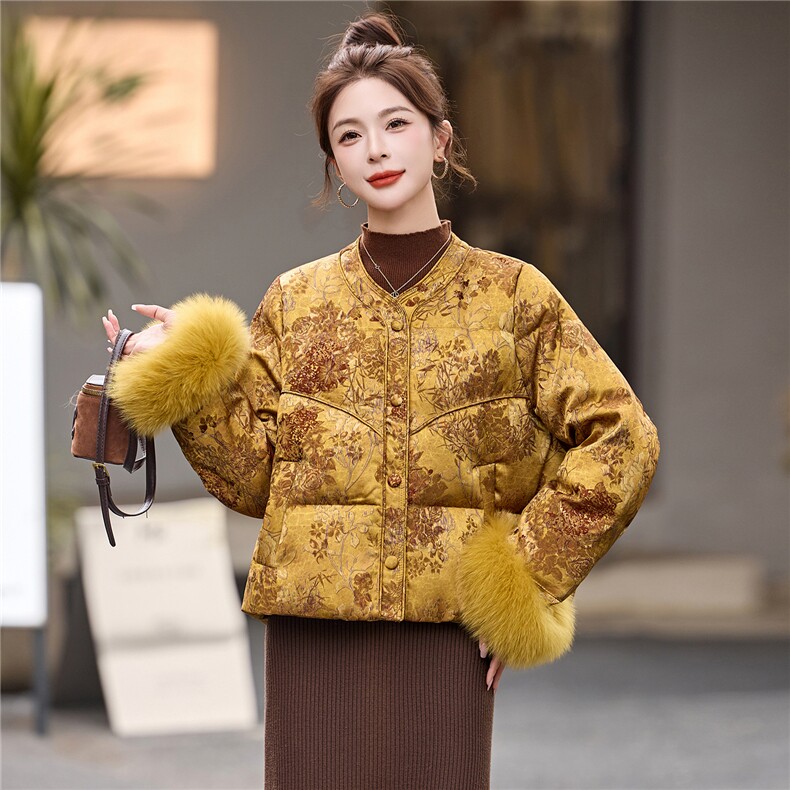 新中式90提花羽绒服2025年冬季新款高级感优雅气质白鸭外套,女装羽绒服,玖莱伊