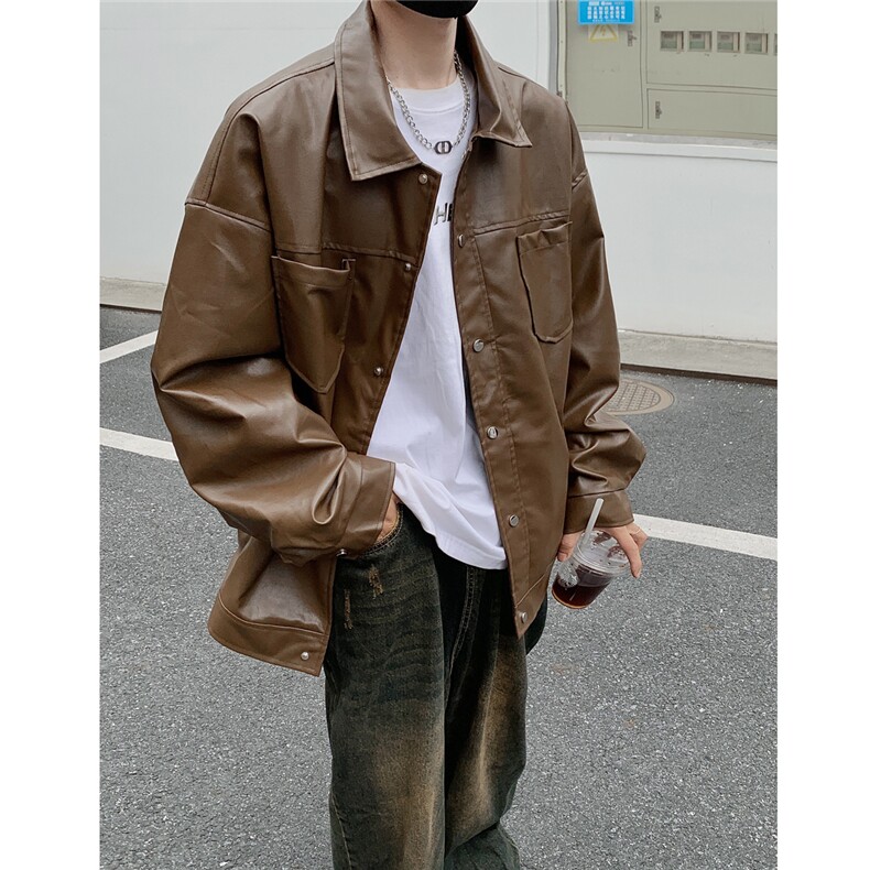 港风翻领pu皮面料皮衣男潮流休闲宽松皮衣外套男77107P78控108,男装皮衣,星座227-7