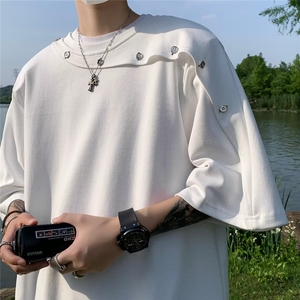 夏季高级感垫肩短袖T恤男解构拼接纽扣设计感韩版简约上衣潮图片
