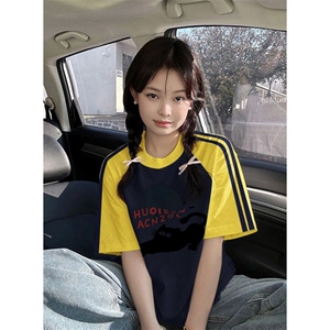 夏季美式高街重磅纯棉三条杠织带插肩撞色男女短袖T恤CZ187-特P25图片