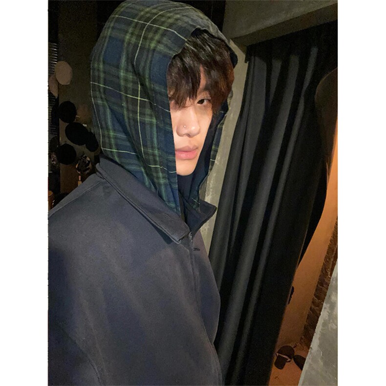 美式复古格子拼接连帽卫衣假两件开衫外套WY65特P56，女装短外套，星座908-1