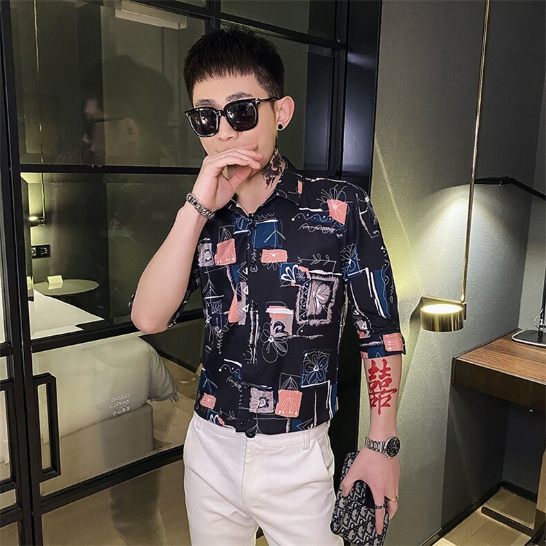312A-107-P55 新款社会小伙中袖衬衫韩版潮流男士五分袖衬衣A图片