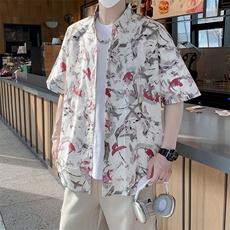 夏男士短袖衬衫纯棉透气时尚休闲冰丝印花宽松衬衣7256P45，男装衬衫，电商A056