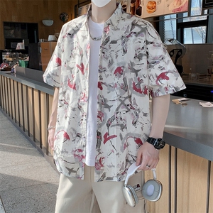 夏男士短袖衬衫纯棉透气时尚休闲冰丝印花宽松衬衣7256P45图片