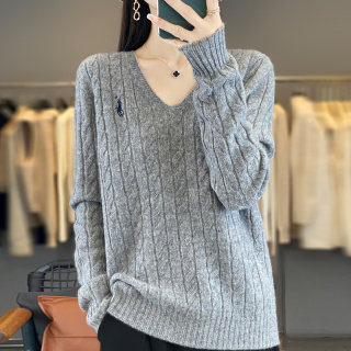 秋季新款套头坑条羊毛衫短款百搭上衣薄V领打底针织衫毛衣女,针织衫/毛衣,美杜莎羊绒