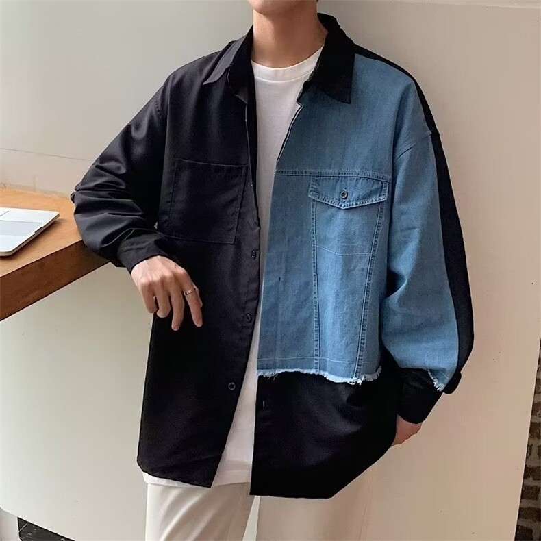 衬衫男韩版潮流牛仔拼接帅2024春秋新款ins宽松百搭外套CY046-P43,男装衬衫,星座412
