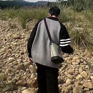 重磅秋冬北极绒开衫毛衣美式复古休闲慵懒风撞色立领针织衫外套图片