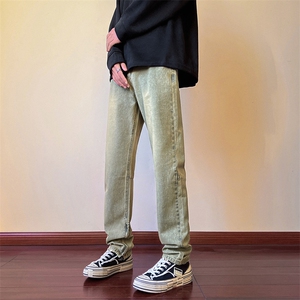 货足 秋冬高街vibe修身长裤黄泥染拉链牛仔裤男 K823-P55图片