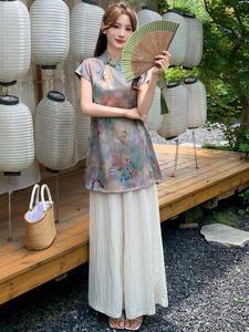 新中式g风套装女2026夏季流行复古印花盘扣旗袍上衣阔腿裤两件套图片