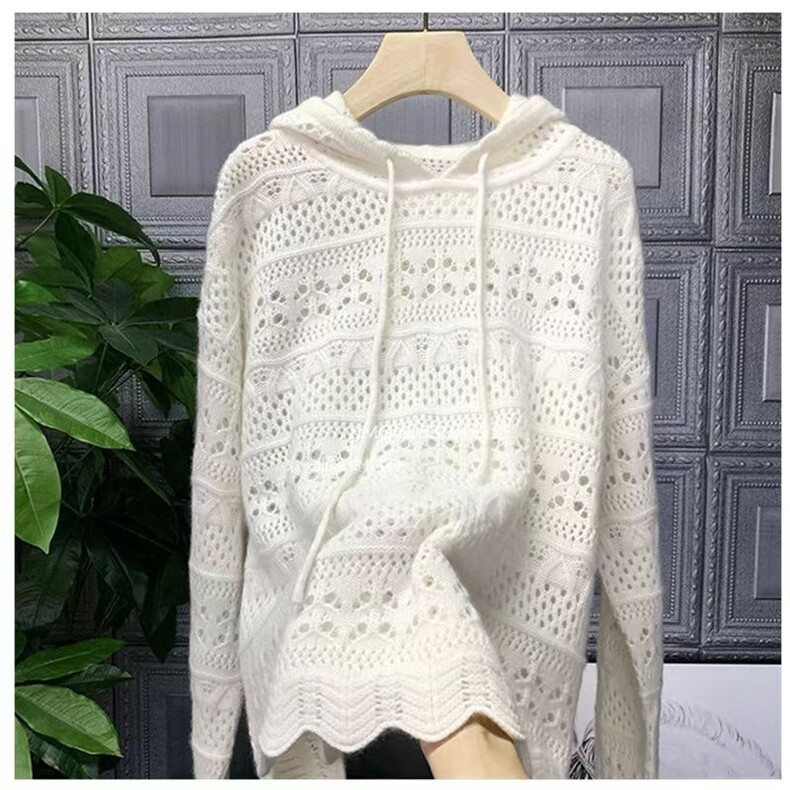 秋冬纯色连帽针织镂空套头上衣，女装针织衫/毛衣，忠诺羊绒