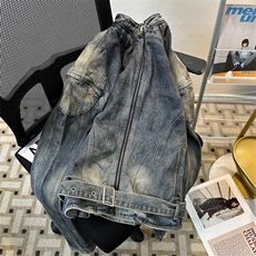 立领拉链重工拼接水洗做旧有垫肩牛仔夹克外套男宽松JK08962-P90，男装夹克，星座308B-1