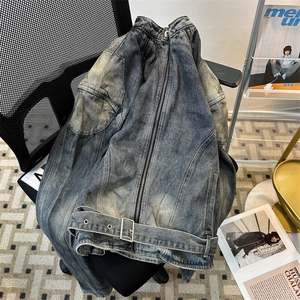 立领拉链重工拼接水洗做旧有垫肩牛仔夹克外套男宽松JK08962-P90,优衣库条绒外套搭配图片