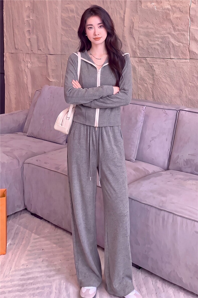 欧货休闲时尚套装女春秋灰色短款双头拉链长袖卫衣阔腿长裤两件套,女装套装/套裙,江南
