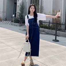洋气减龄牛仔背带裙女2025夏季新款百搭直筒宽松薄款吊带连衣裙子，女装套装/套裙，慧尚依恋