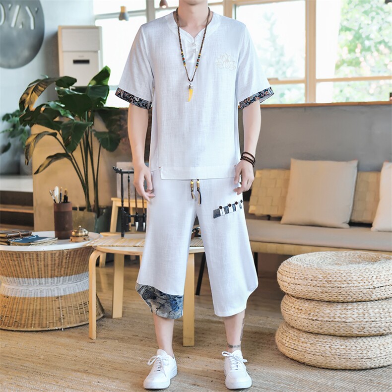 夏季亚麻男士麻刺绣T恤套装风男装棉一套A266-1-TZ4057-P75图片