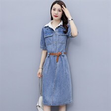 夏季新款POLO领纯色甜美修身白色假领子牛仔连衣裙女，女装连衣裙，微微衣阁