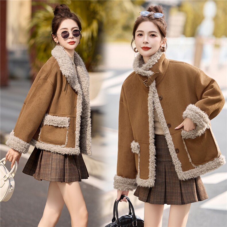 时尚翻领加绒加厚皮毛一体外套2665P165,女装棉衣/棉服,乐衣轩