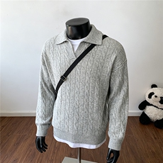 老钱风纯色翻领麻花毛衣宽松休闲百搭情侣针织衫M50816TP55，男装针织衫/毛衣，电商A247