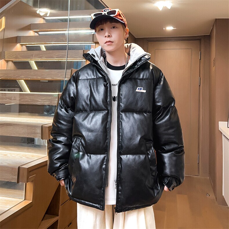 美式假两件棉服男冬季加厚潮牌pu皮连帽棉衣青少年大码宽松面包服图片