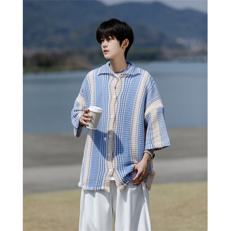 8XL-M特大码美式撞色新中式短袖衬衫男翻领休闲针织开衫DX312P35,男装T恤,电商D206-1