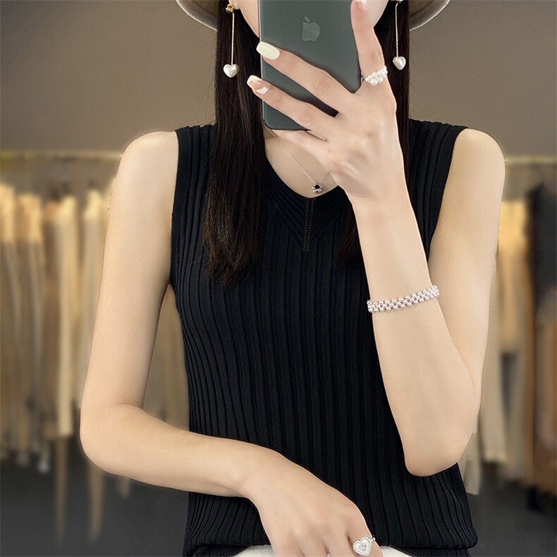v领新款针织吊带女无袖纯色背心简约百搭宽松套头上衣内,针织衫/毛衣,戎洋
