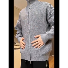 重磅秋冬北极绒双拉链毛衣开衫美式复古休闲慵懒风宽松针织衫外套，男装针织衫/毛衣，电商A486