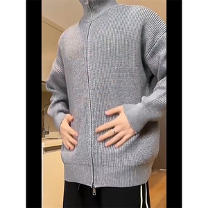 重磅秋冬北极绒双拉链毛衣开衫美式复古休闲慵懒风宽松针织衫外套图片