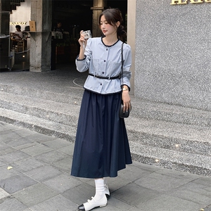 设计感时尚套装裙女2025年秋季新款毛边条纹上衣高腰半身裙两件套图片