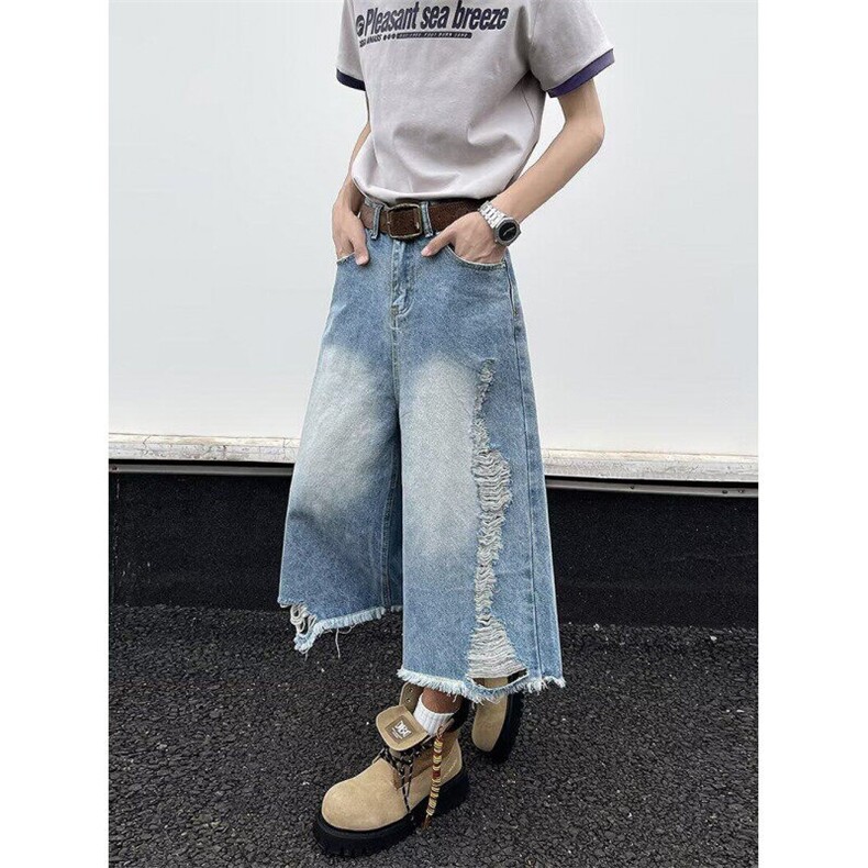 七分牛仔裤男女韩版潮流破洞帅气2025夏季ins休闲短裤RK2770-P46,男装牛仔裤,星座412-2