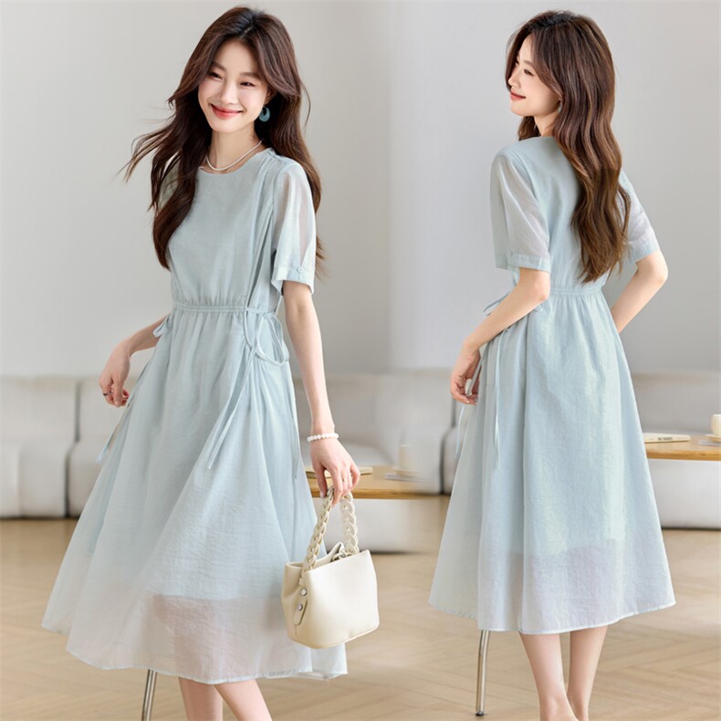 妍蝶女士连衣裙2025夏季新款时尚洋气减龄休闲百搭短袖中长裙裙子，女装连衣裙，木子恋