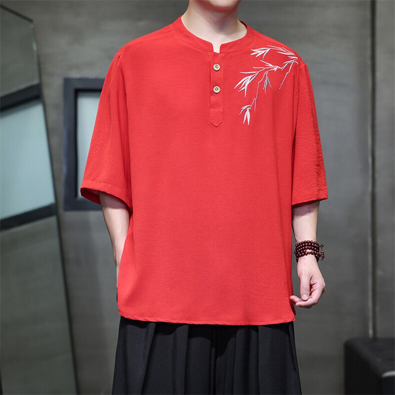 夏季冰丝立领短袖男风刺绣五分袖日常大码垂感T恤男T812P55，男装T恤，电商A021A