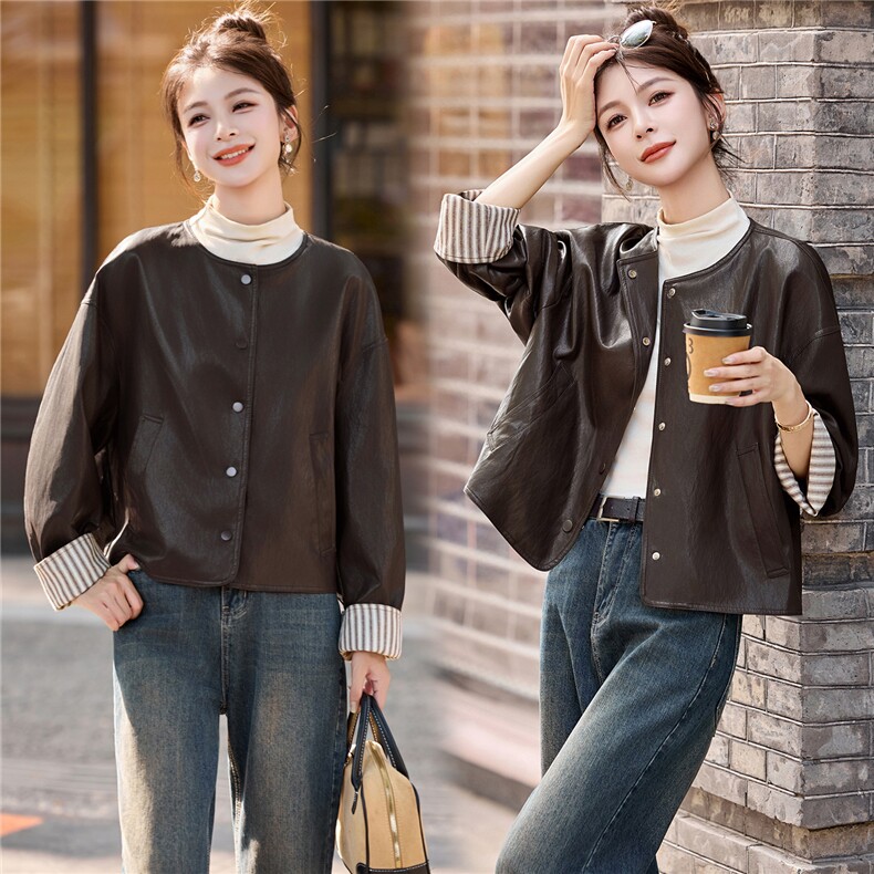 大量现货主推-2026年春秋季新款简约百搭PU皮短外套，女装皮衣，蓝诺裳