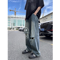 美式复古笑脸涂鸦破洞做旧宽松直筒牛仔裤3XZ502-K749-P55控79，男装牛仔裤，星座502