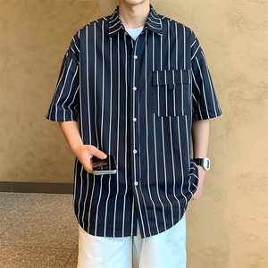 24年港风夏款工装条纹宽松短袖衬衫男CS110 P38图片