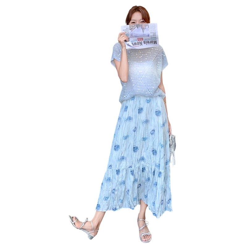 夏日绝美小裙子套装女2025新款独特气质针织镂空上衣半身裙两件套,女装套装/套裙,2C159