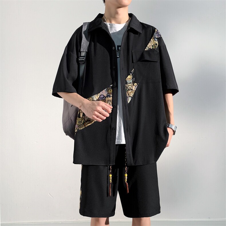 1小熊短袖衬衫男+短裤大码M-5XL套装92%聚酯纤维8%氨纶TZ77057P70,男装牛仔裤,星座226-2