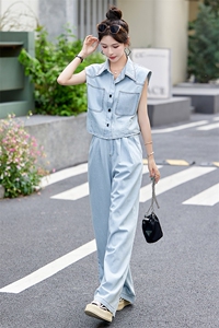 港风无袖牛仔套装女2025夏装新款时尚小个子休闲马甲阔腿裤两件套图片