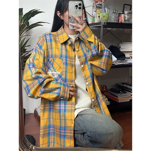 wassup happy黄格长袖衬衫男款春秋季潮牌复古宽松衬衣服休闲外套图片