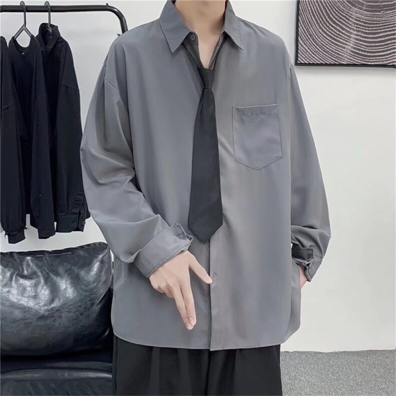 配领带纯色内搭长袖衬衫男港风帅气简单外穿衬衣C319/P30,男装衬衫,电商D202-1