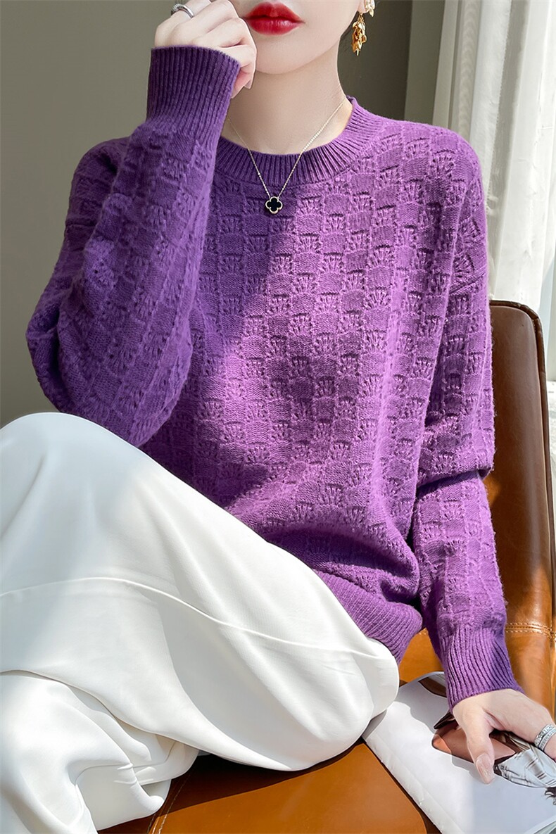 新款秋冬季女装宽松显瘦百搭黑色圆领长袖针织毛衣打底衫上衣外套,女装羊毛衫,绒迪羊绒