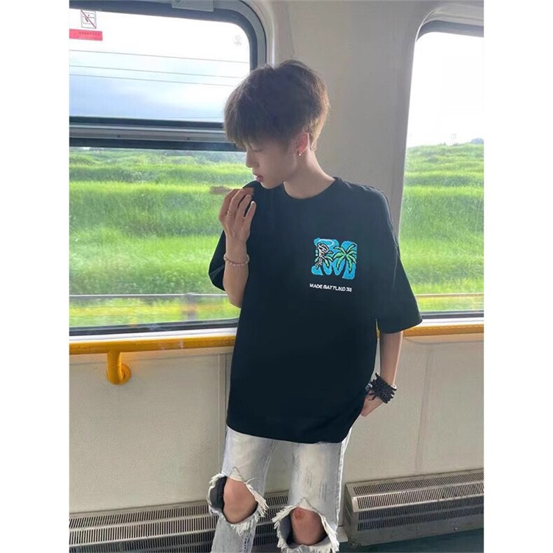 万针全刺绣工艺抖音得物高品质260克重磅纯棉双纱美式高街短袖T恤,男装T恤,电商A486