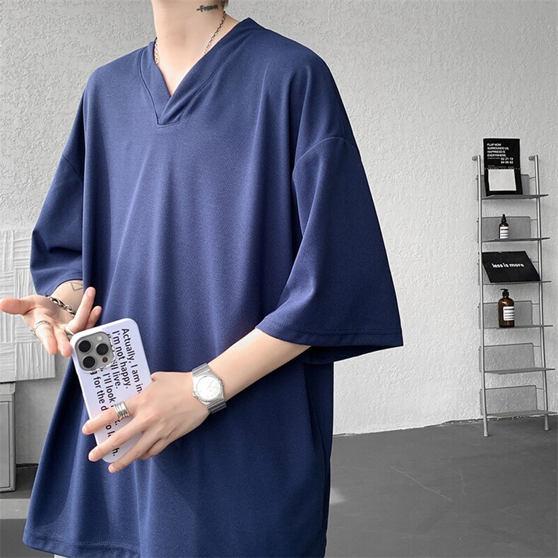 8XL-M短袖t恤男款夏季薄款垂感小V领七分袖加肥加大码DT005特P20图片