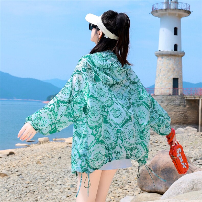 薄外套女中长款2025夏季新款时尚印花连帽户外遮阳棒球服长袖上衣,女装防晒衣,可可小西