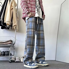 毛呢加绒格子裤女秋冬加绒加厚小个子直筒阔腿裤百搭高腰休闲卫裤，男装休闲裤，星座1013