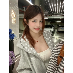 网图有货 秋冬字母印花开衫灰色刺绣连帽卫衣外套男女 A1129-P60图片