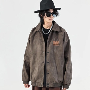 W9223-P58 网图现货 春季新款美式鹿皮绒翻领棒球服夹克外套图片